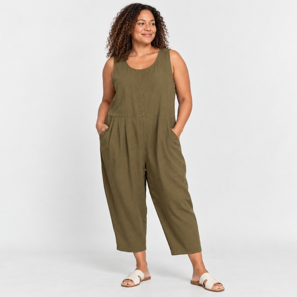 Eileen Fisher Organic Cotton L Coastal Olive Slouchy Cropped Sleeveless Jumpsuit